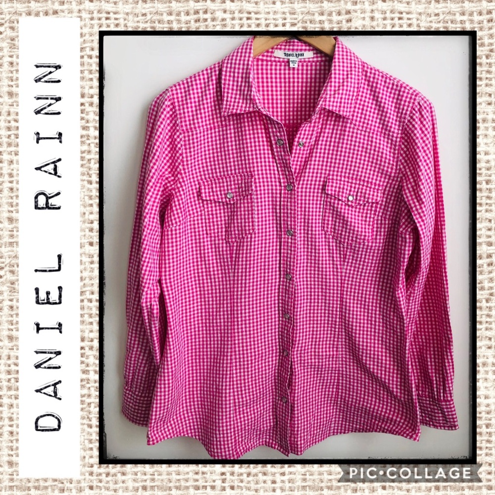Daniel Rainn Deep Pink Checked Pearl Snap Button Down Size M